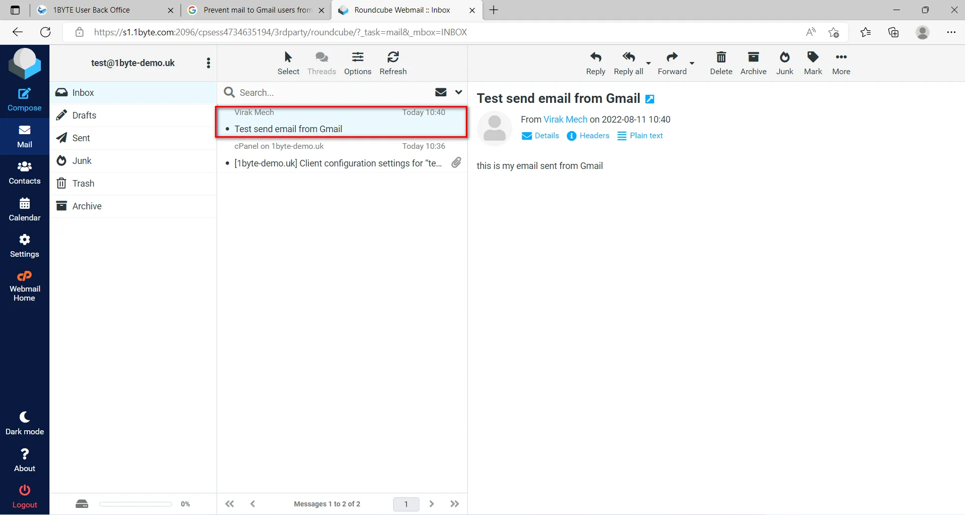 check email send from gmail to roundcude