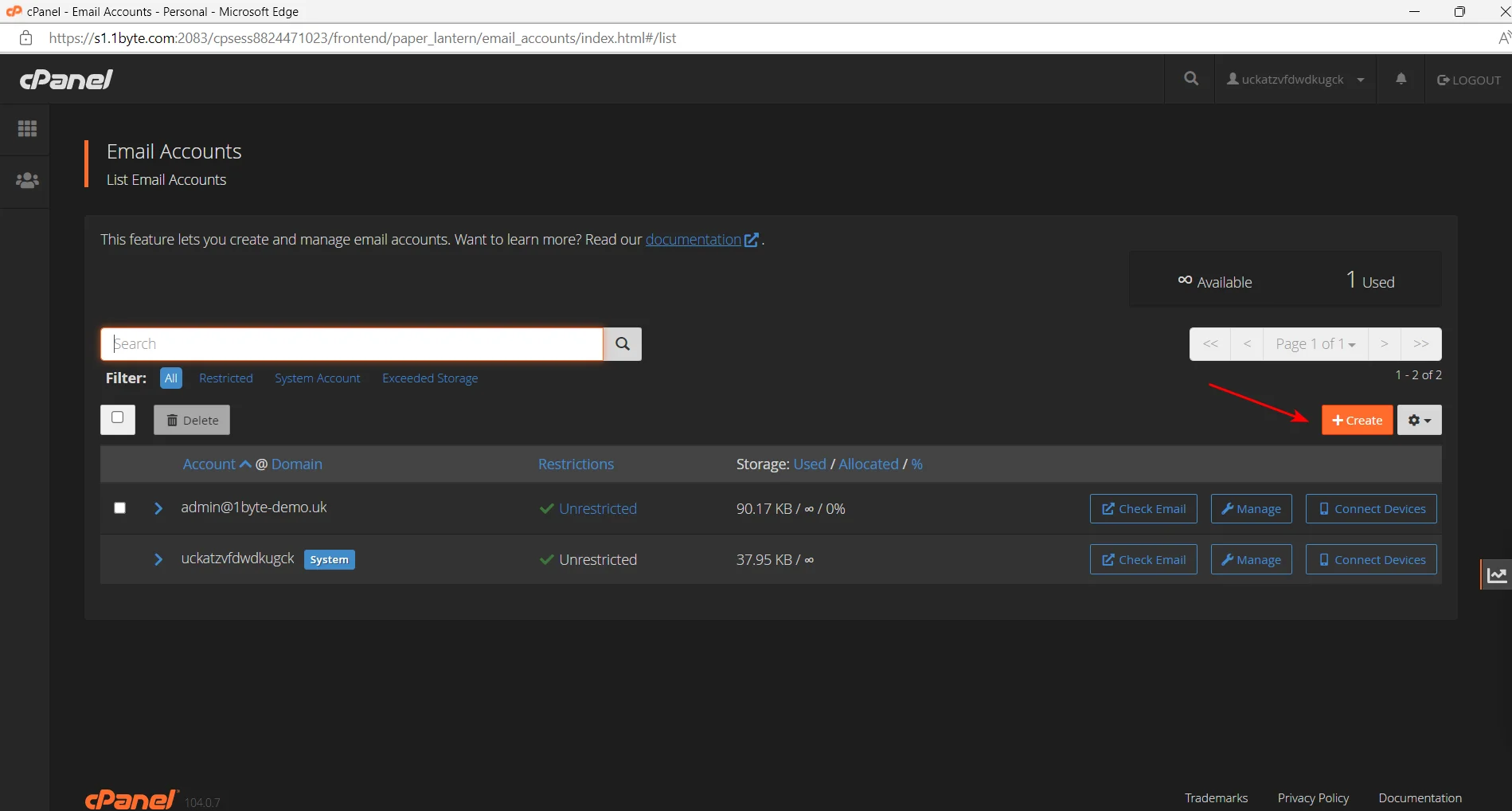 click create email account