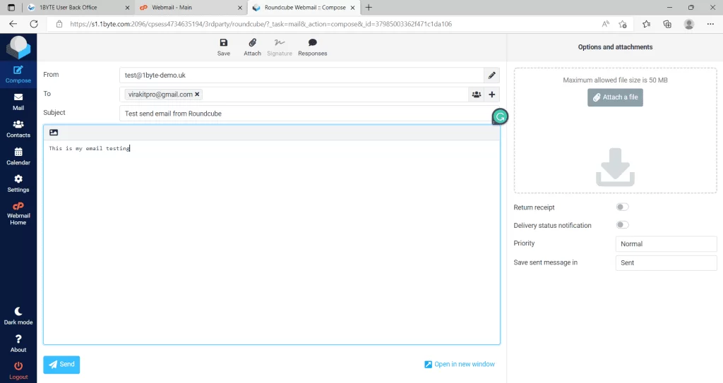 send email test to gmail from roundcube