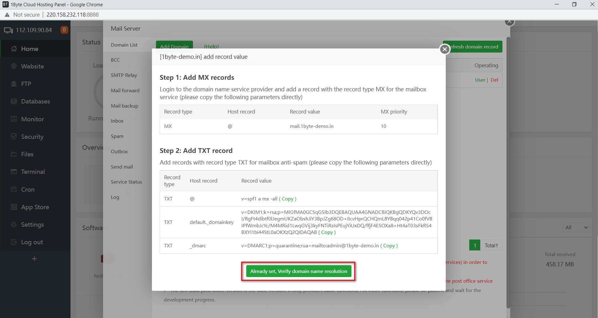 Finally, check to see if the DNS system has updated these records for the Domain