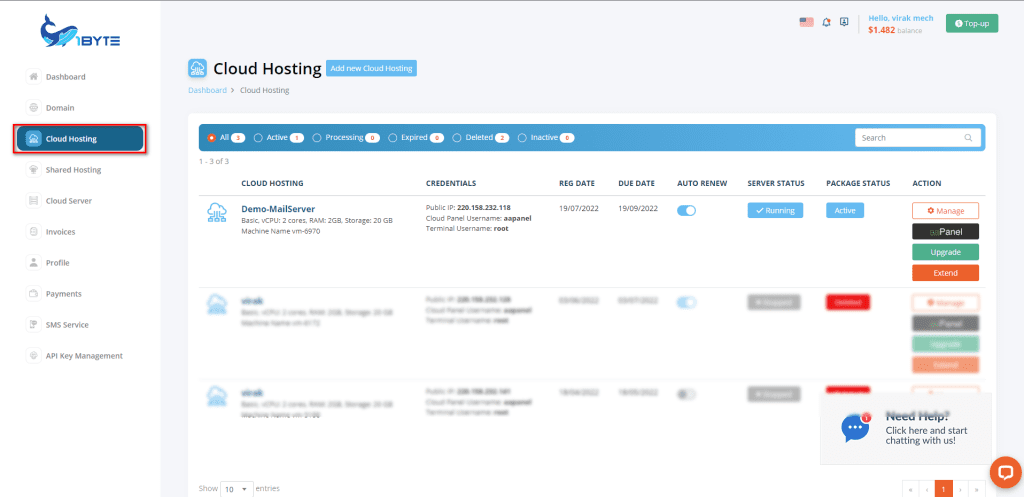 Find Cloud Hosting in your Dashboard