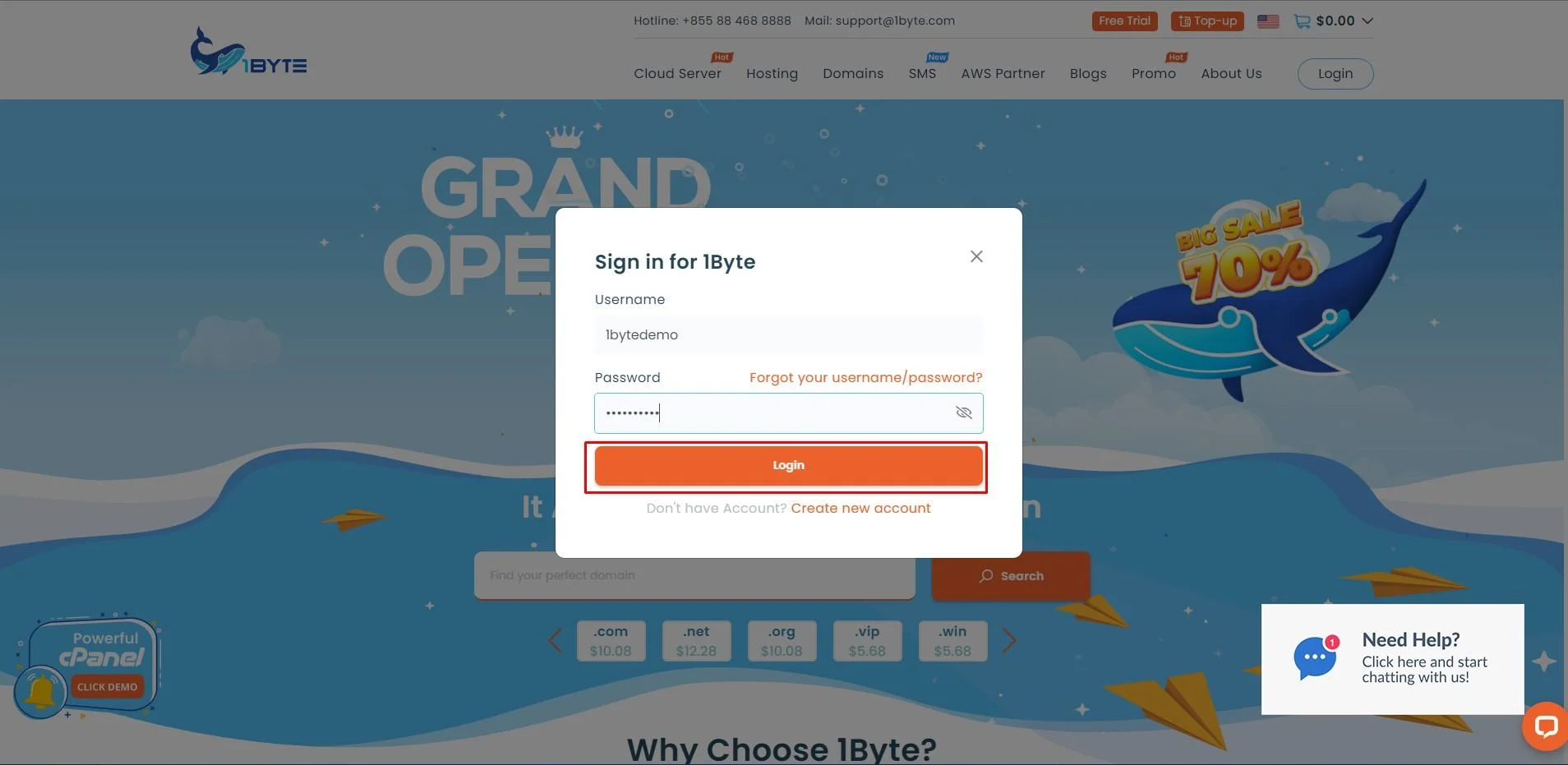 ជំហាន 1. ចូលទៅក្នុងគណនីរបស់ 1byte ហើយចូលទៅកាន់ Cloud Hosting