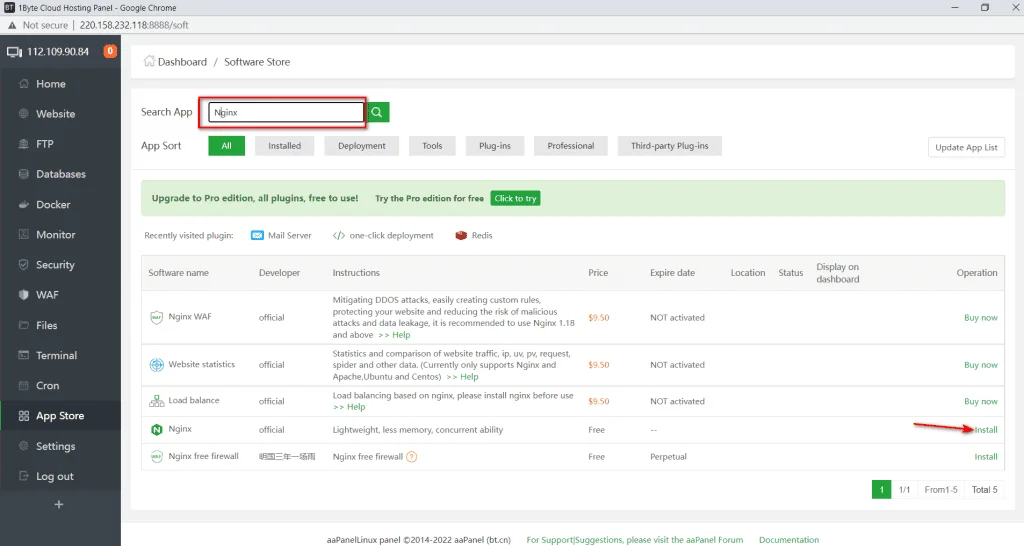 វាយ NGINX ក្នុងប្រអប់ស្វែងរកកម្មវិធីក្នុង App Store។ ចុចដំឡើងក្នុងជួរឈរប្រតិបត្តិការ។