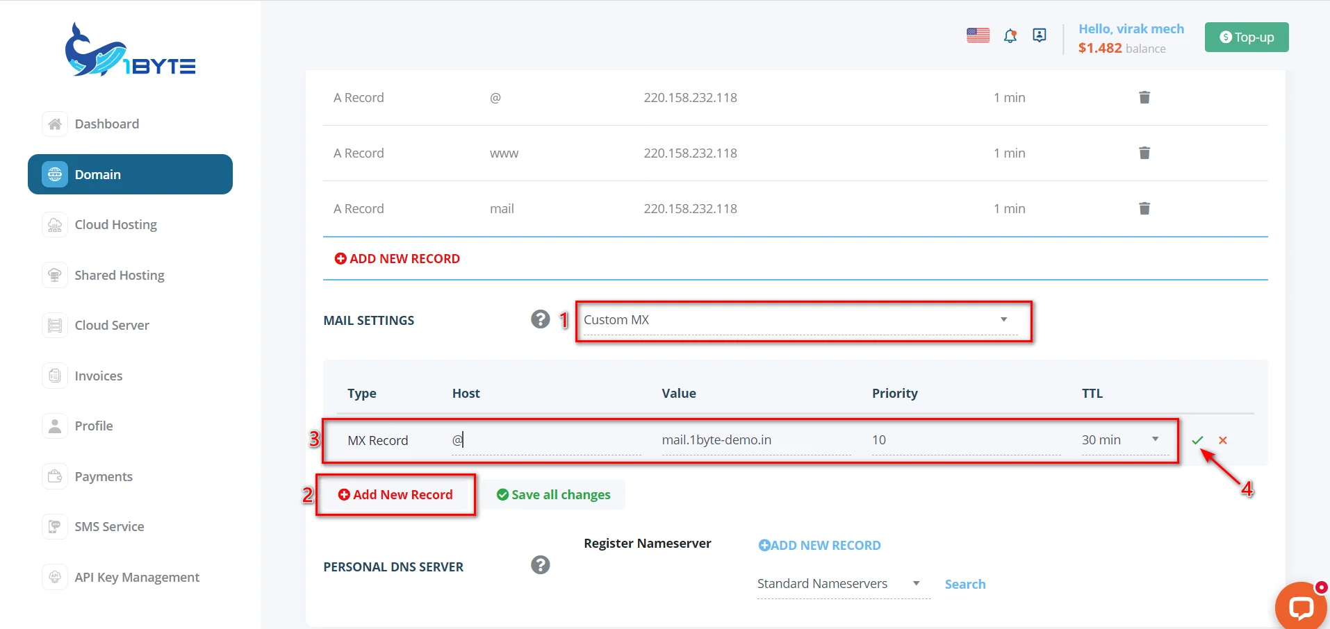 ទៅកាន់ Domain Dashboard បន្ថែម MX RecorddHosting