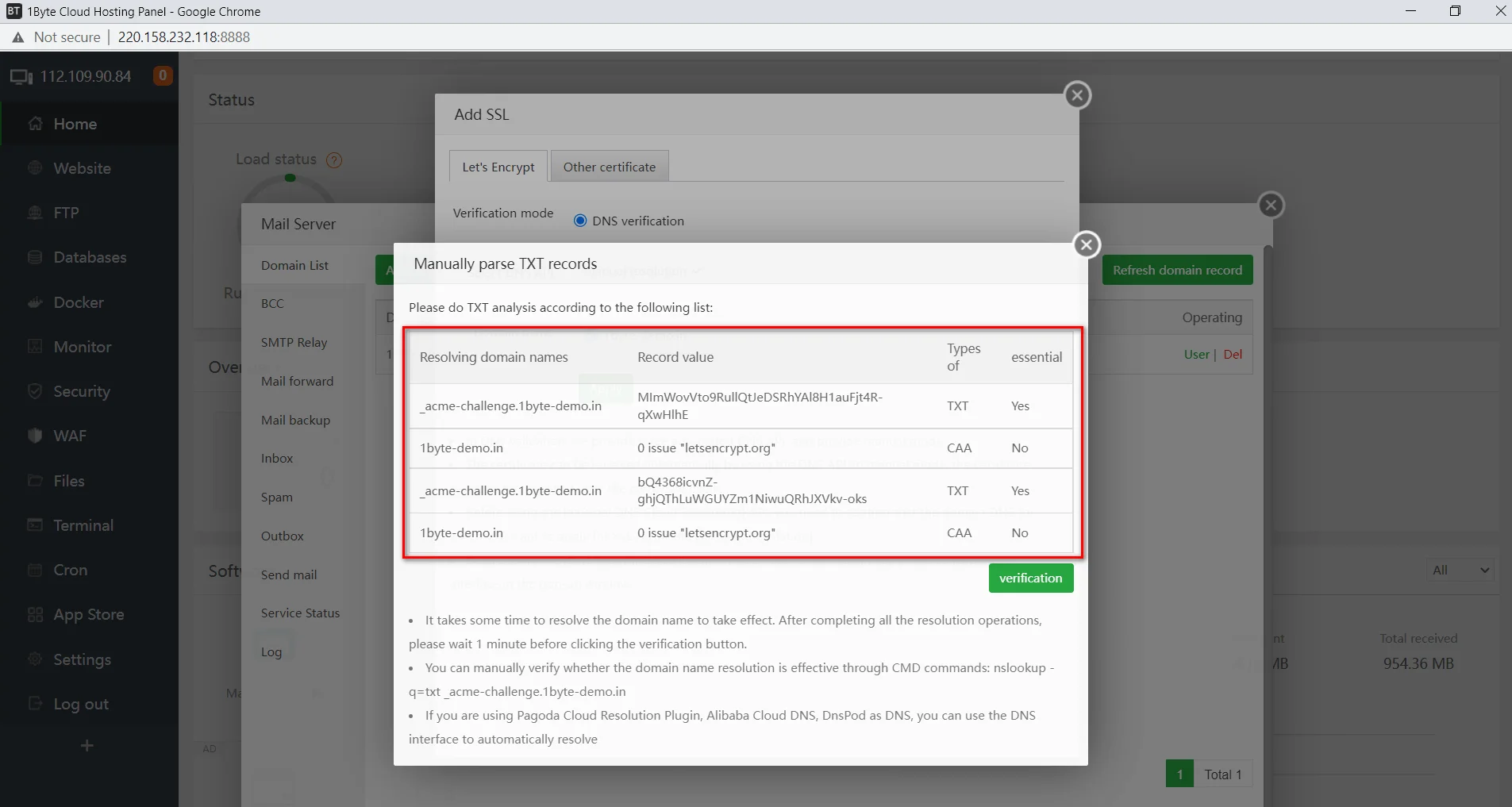 បន្ថែមកំណត់ត្រាទាំងនេះទៅ Domain របស់អ្នក ហើយបន្ទាប់មកចុចប៊ូតុងផ្ទៀងផ្ទាត់
