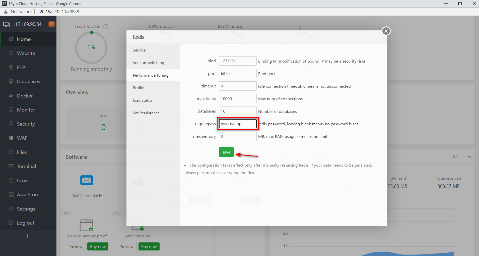 In Performance tuning, type a password for Redis at require pass box.