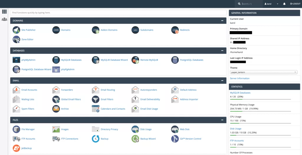 នេះគឺជាកំណែរបស់ cPanel ដែលប្រើប្រធានបទមួយឈ្មោះថា “Paper Lantern”។