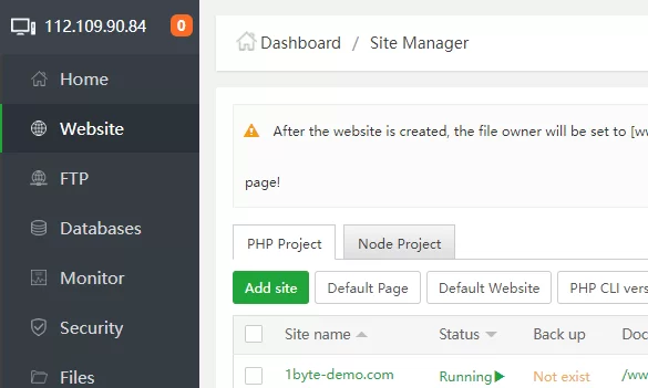 Proceed to aaPanel admin and choose Website from the menu on the left.