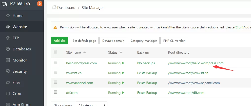 To access the website folder, click on the folder in the list (in the column Document Root).