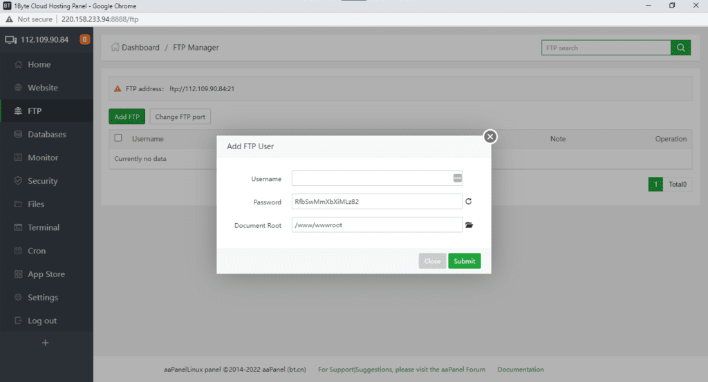 aaPanel FTP account setup