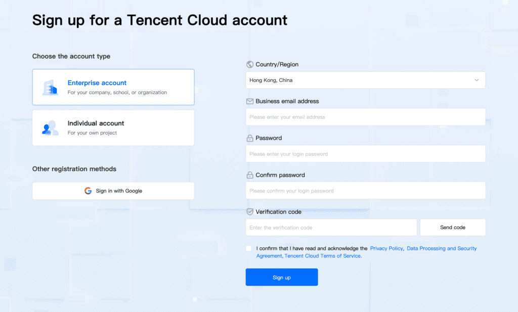 Signup Page for Tencent Cloud