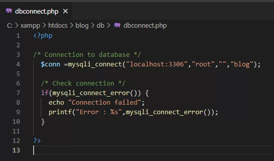 (The file dbconnect.php is used to establish a connection to MySQL.
However, the information in the image below is for connecting to a local database, not for Cloud Hosting.
As a result, we must modify this information. )