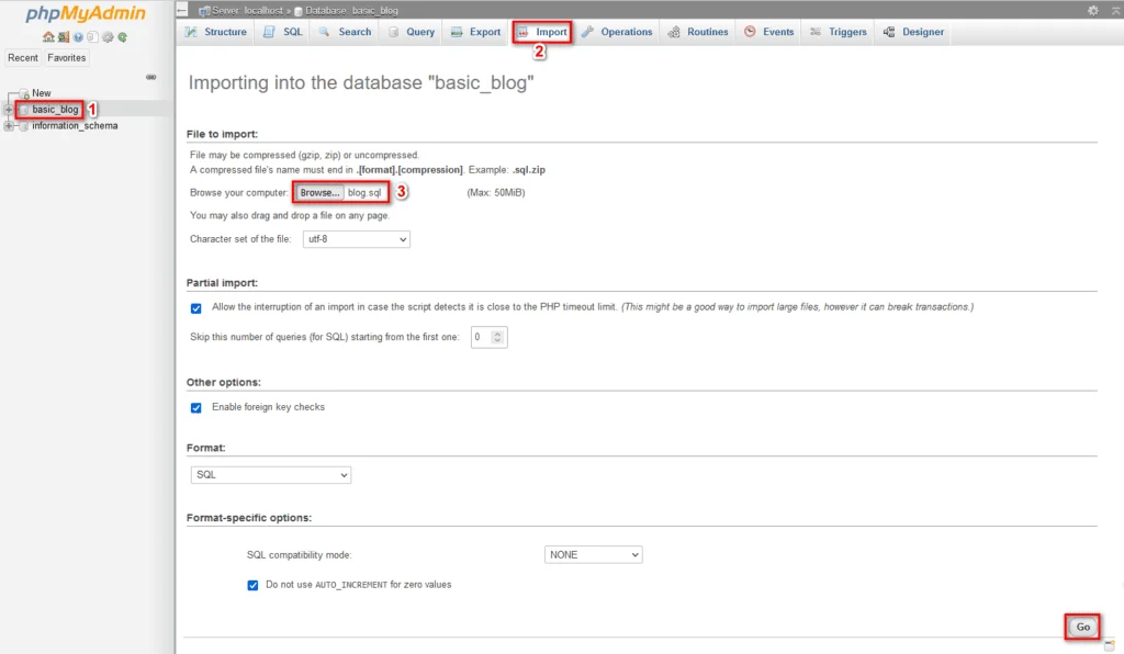 (The file blog.sql is the database export file under localhost.
This file contains all of the website database's data, and we will now import it into phpMyAdmin on aaPanel - Cloud Hosting)