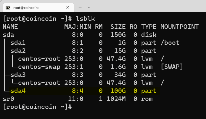 After running all commands in Step 3: A new virtual partition sda4 is created, now there are 4 partitions on Server