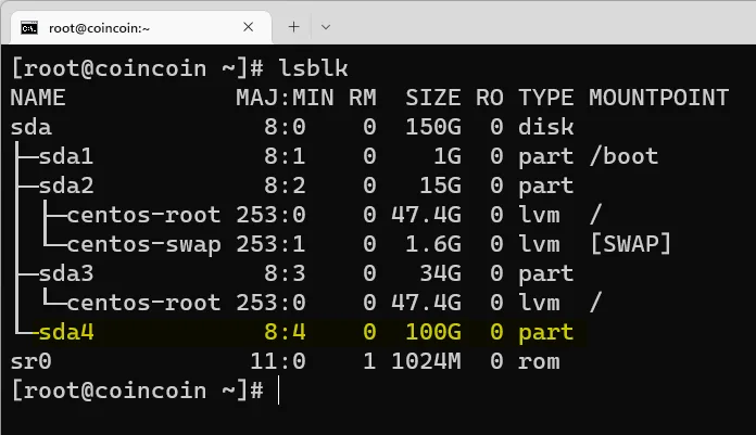 After running all commands in Step 3: A new virtual partition sda4 is created, now there are 4 partitions on Server