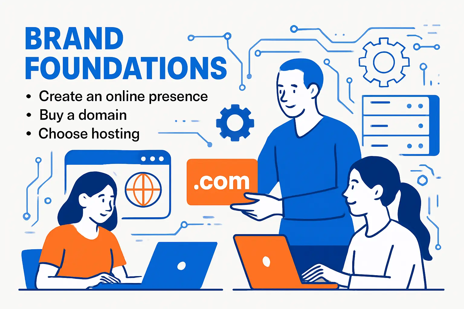 Brand foundations: create an online presence, buy a domain, and choose hosting