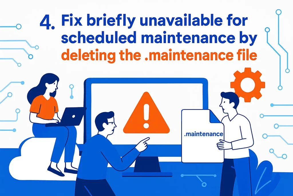 4. Fix briefly unavailable for scheduled maintenance by deleting the .maintenance file