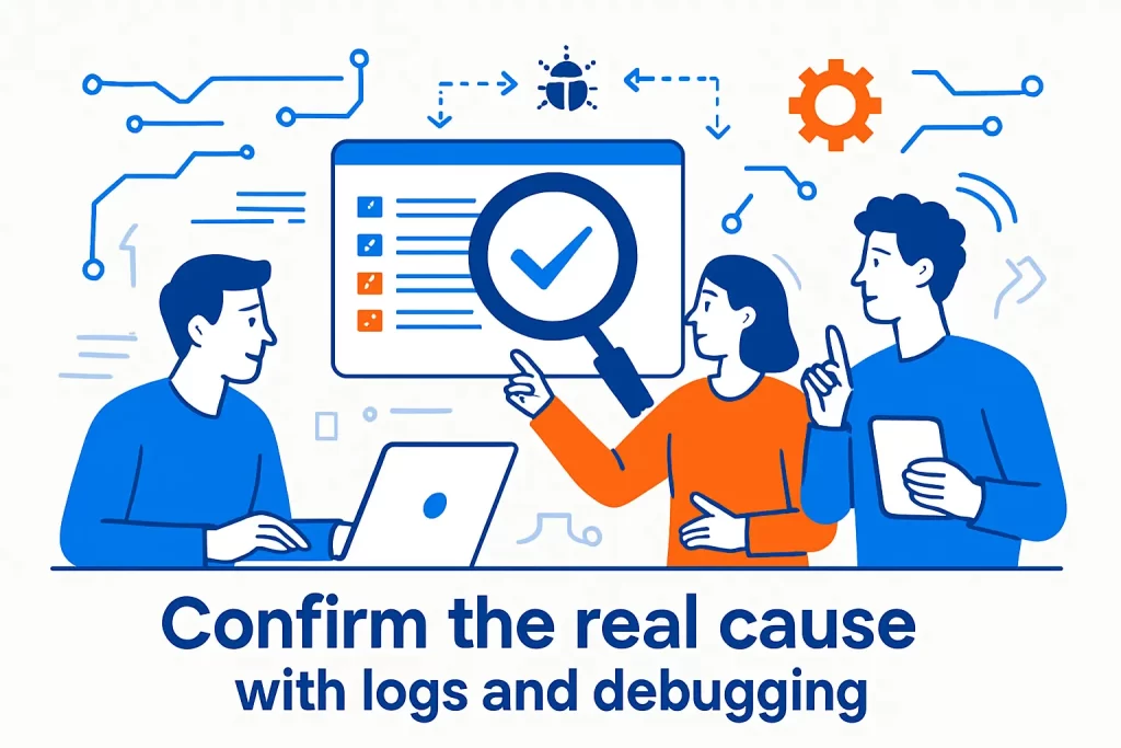 Confirm the real cause with logs and debugging