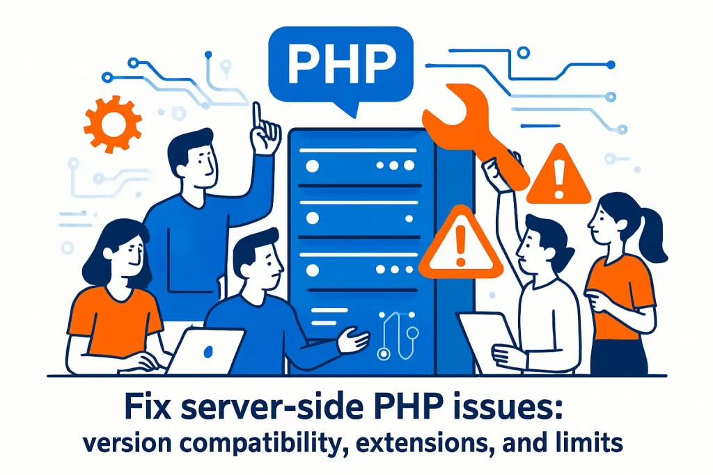 Fix server-side PHP issues: version compatibility, extensions, and limits