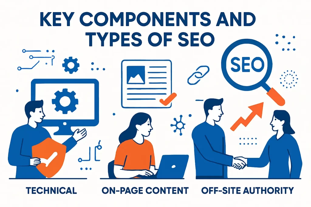 Key components and types of SEO: technical, on-page content, and off-site authority