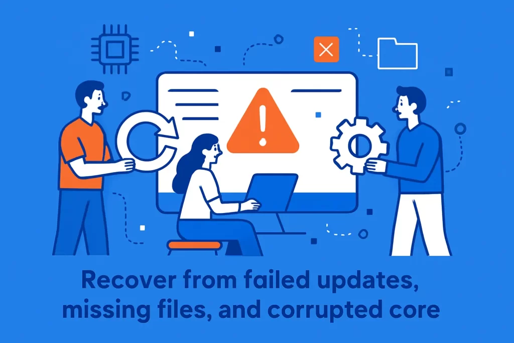 Recover from failed updates, missing files, and corrupted core